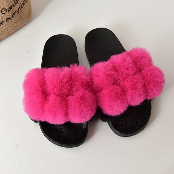 

slippers faux women summer fur slides for women's fluffy house female shoes with pom pon furry, Black