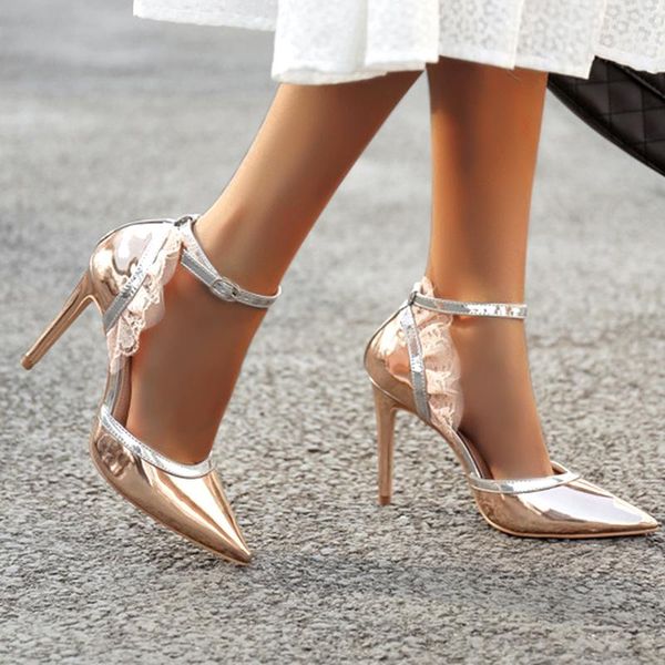 

dress shoes pointed toe women pumps lace high heels bridal wedding sandals fashion buckle strap stiletto gold silver ladies party, Black