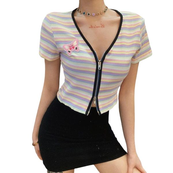 

women's t-shirt 2021 summer style woman's rainbow stripe v-neck short sleeve butterfly embroidery zipper midriff-baring slim, White