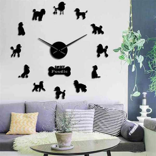 Presente para poodle amante 3d diy mãos longas relógio de parede clube de cão decoração de moda com animais de osso bonito loja ornamento relógio relógio 210325