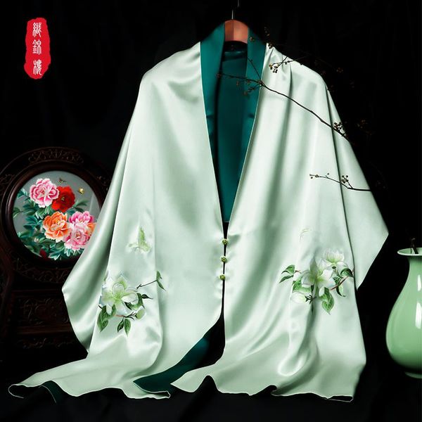 

scarves silk women mulberry hand embroidered gardenia flower double side button shawl scarf spring and autumn, Blue;gray