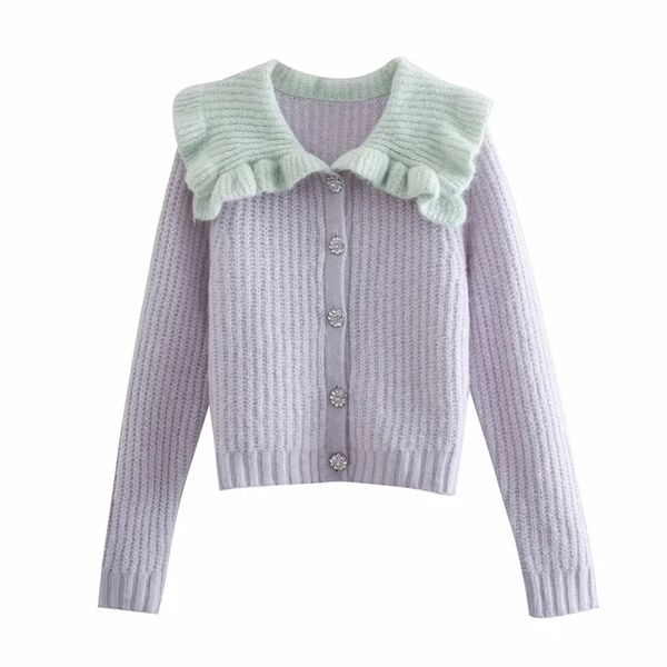 Doce Solta Solta Roxo Malha Cardigan Primavera Mola Moda Senhoras Peter Pan Collar Knitwear Feminino Cute Soreeers 210515