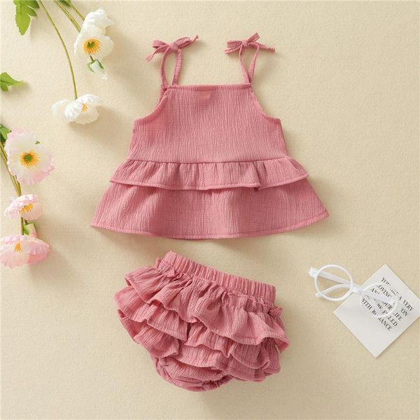 

clothing sets 2pcs 0-2year baby girls clothes sets,girls summer sweet cute solid color flouncing splicing sleeveless suspender +shorts s, White