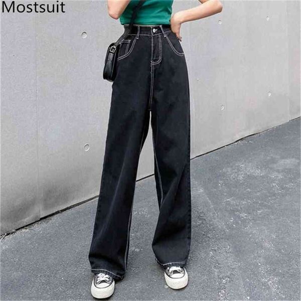 

autumn korean high waist women wide-legged denim jeans pants fashion casual loose female straight trousers femme 210513, Black;white