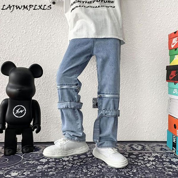 

men's jeans men pants zipper detachable streetwear 2021 spring autumn hollow males casual wide leg blue