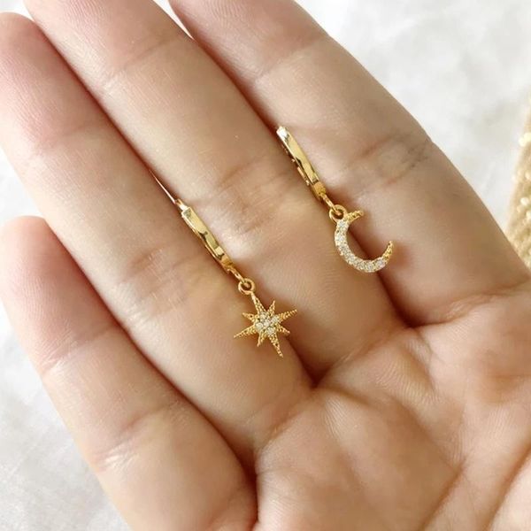 

dainty delicate hoop earrings, celestial star moon , layering 14kc gold filled bridal friend girlfriend gift dangle & chandelier, Silver