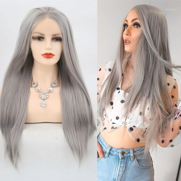 

wigs sliver grey long for black women heat resistant fiber synthetic lace front wig cosplay show half hand tied1