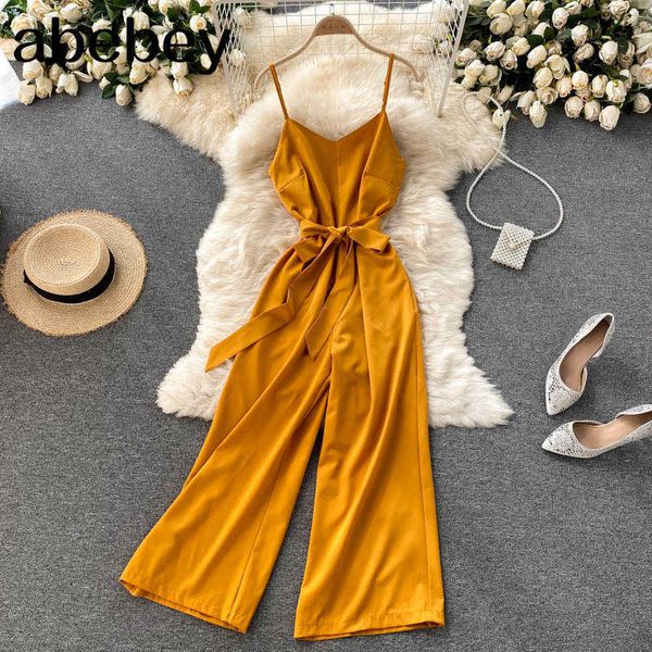 

women korean strap rompers sleeveless v neck sashes jumpsuits summer casual vacation beach wide leg long rompers 210715, Black;white