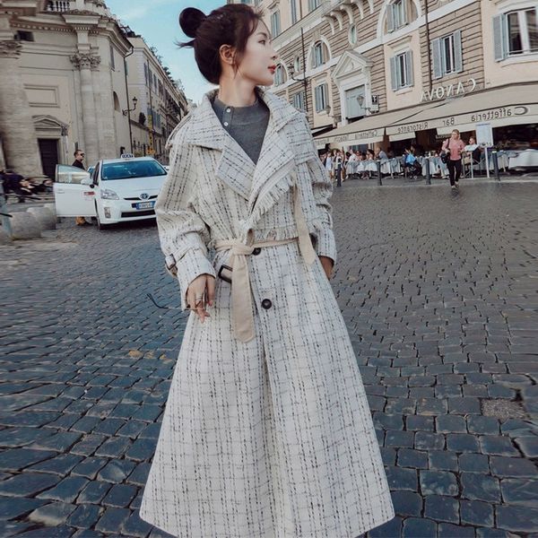 

jackets elegant female coats clothes winter black plaid women's wool womanhood outerwear ladies'trench belt, Black;brown