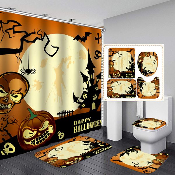 

halloween shower curtain set,leafless creepy tree with pumpkin head at night pattern,polyester fabric bathroom decor set with 12