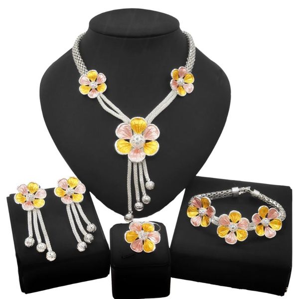 

earrings & necklace yulaili 2021 carefully designed exquisite flower pendant jewelry set long bracelets ring necklaces fashion sets, Silver