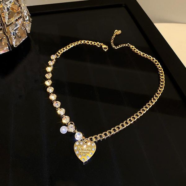 

chains fashion 14k real gold heart crystal pearl chain pendant necklace for women zircon jewelry party gift, Silver