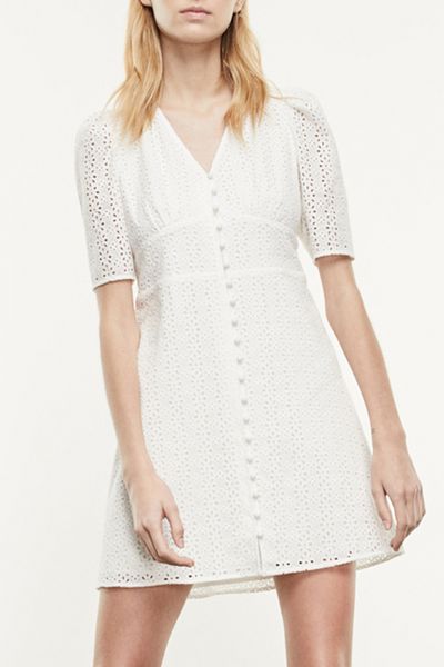 2021 Yaz Güz Yarım Kollu V Boyun Beyaz Elbise Düz Renk Pamuk Nakış Düğmeleri Tek Göğüslü Kadın Moda Elbiseler G127001