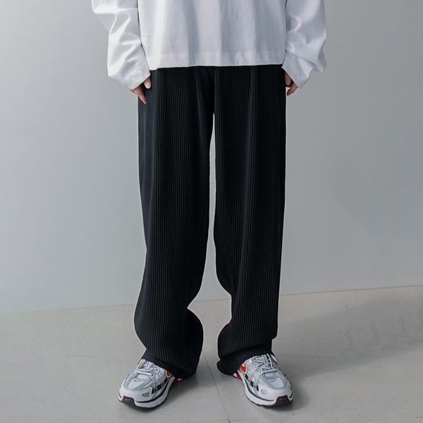 

men's pants casual korean trousers loose straight wide leg fall solid color lace-up, Black