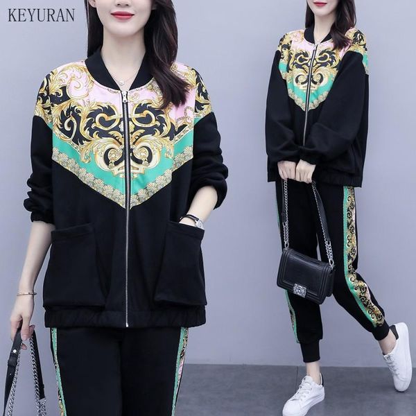 

women's two piece pants plus size tracksuit 2021 spring sweatshirt jackets + sport sets print patchwork casual sports suit, White