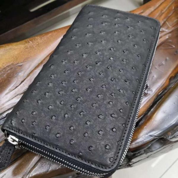 

wallets high end soft 100% genuine ostrich skin leather long size men and purse with ykk zipper closure bank holder, Red;black