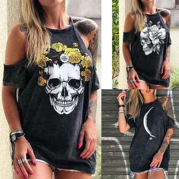 

women's t-shirt female loose black color strapless skull print women solid halter neck short sleeve flower summer, White