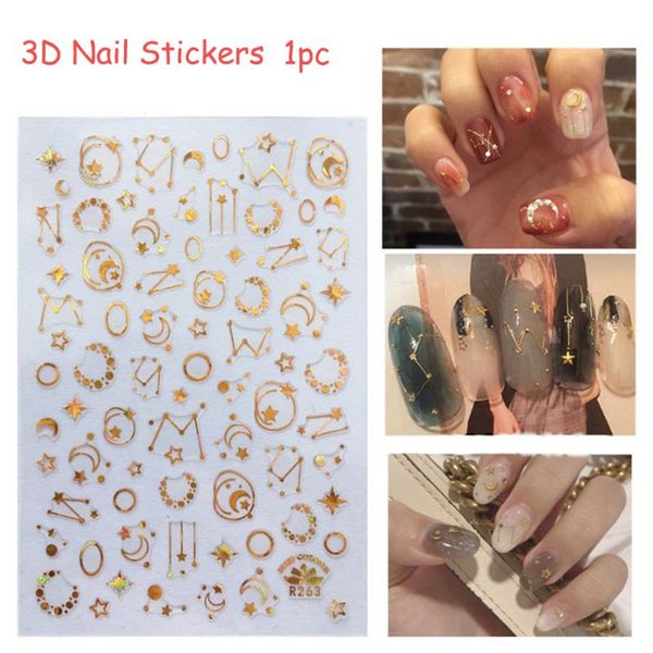 

sheet 3d nail sticker metallic star moon rose gold tribal lines art adhesive transfer decal designs hollow sequin stickers & decals, Black