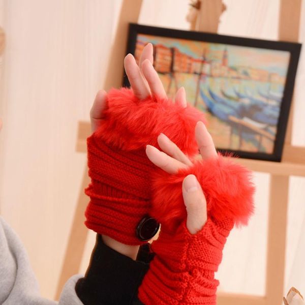 

five fingers gloves women girl warm winter faux fur wrist fingerless mittens female wool blend knitted crochet, Blue;gray