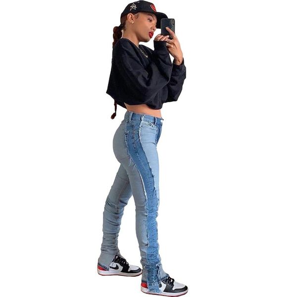 

women's jeans 2021 patchwork washed flared retro wide leg style waist type fit length age decoration fabric, Blue