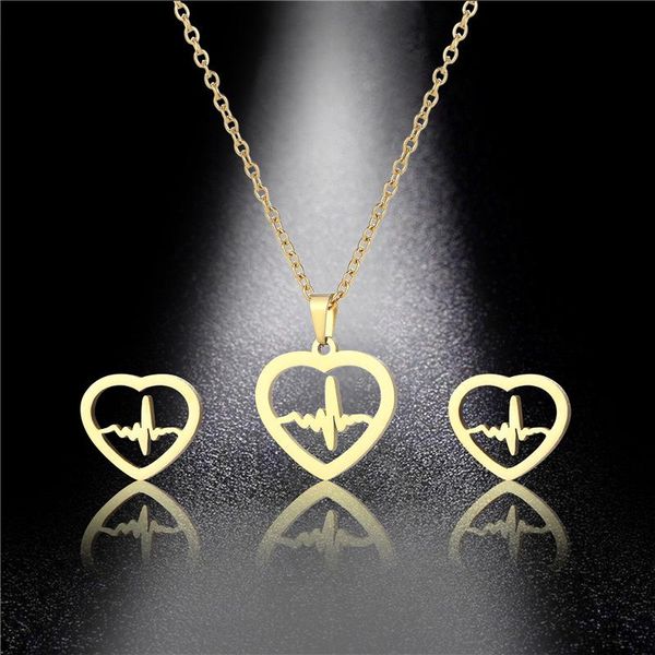 

small stainless steel family love heart heartbeat ecg pendant chain necklace set women mother wedding gift jewelry necklaces, Silver