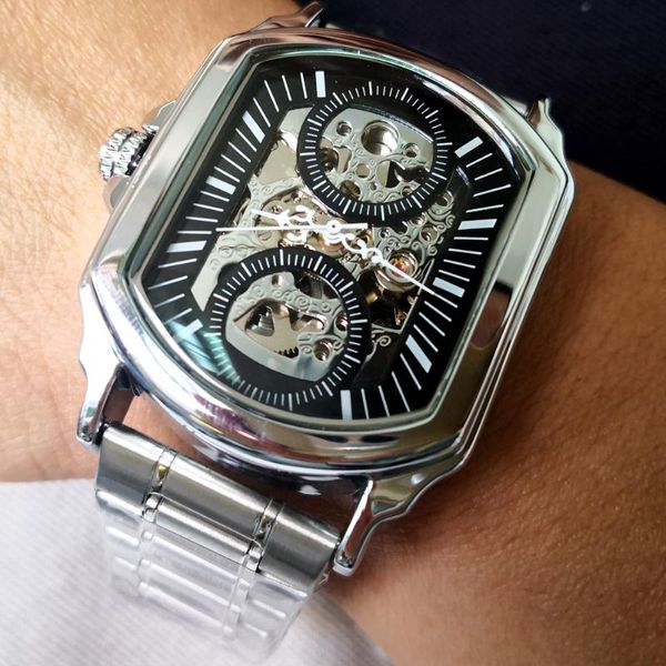 Armbanduhren Herrenuhren Edelstahl Automatische Mechanische Militär Skeleton Steampunk Quadratische Uhr Männlich Relogio Masculino 2010