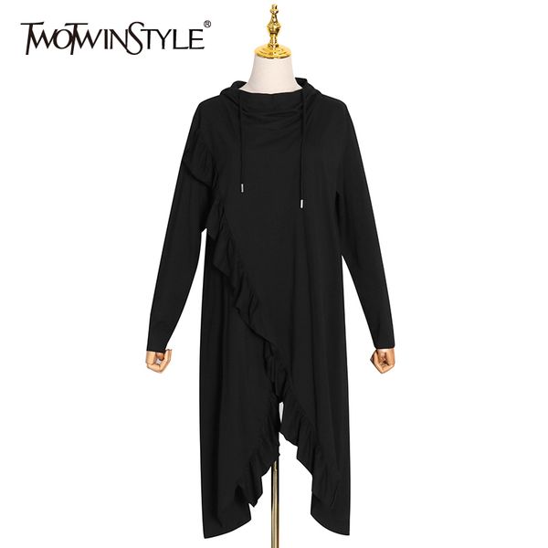 

twotwinstyle loose patchwork ruffle sweatshirt for women hooded collar long sleeve irregular casual black female fashion 210517