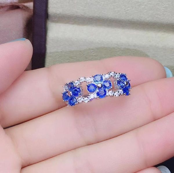 

cluster rings natural and real blue sapphire ring 925 sterling silver fine handworked jewelry finger, Golden;silver