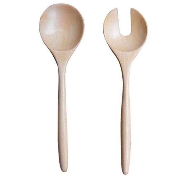 

spoons 1 set 2pcs salad spoon round wood and fork servers color