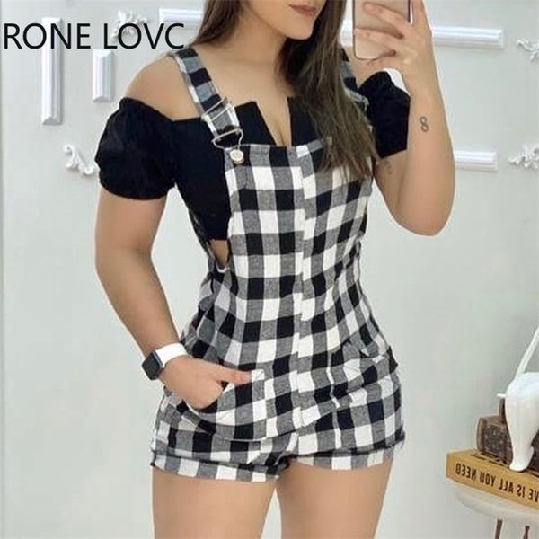 

women gingham print wide strap romper summer romper, Black;white