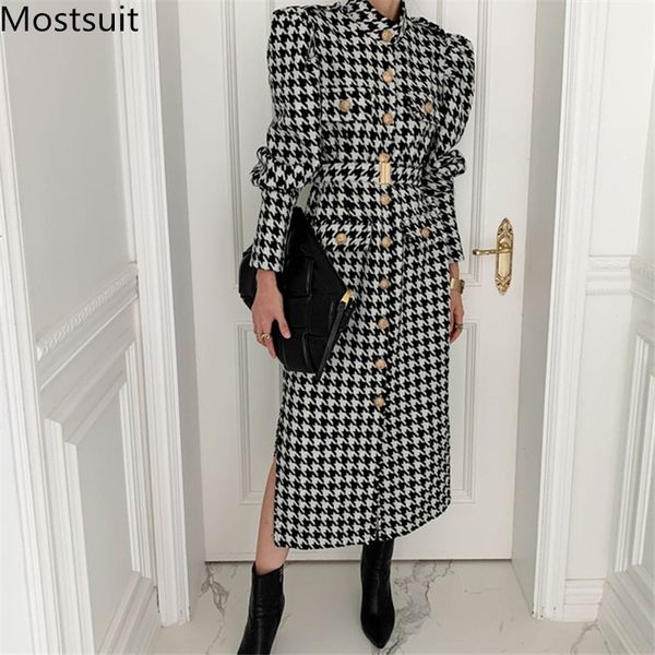 

winter houndstooth wool women long coat single-breasted stand collar belted vintage korean fashion outcoat overcoat 210518, Black