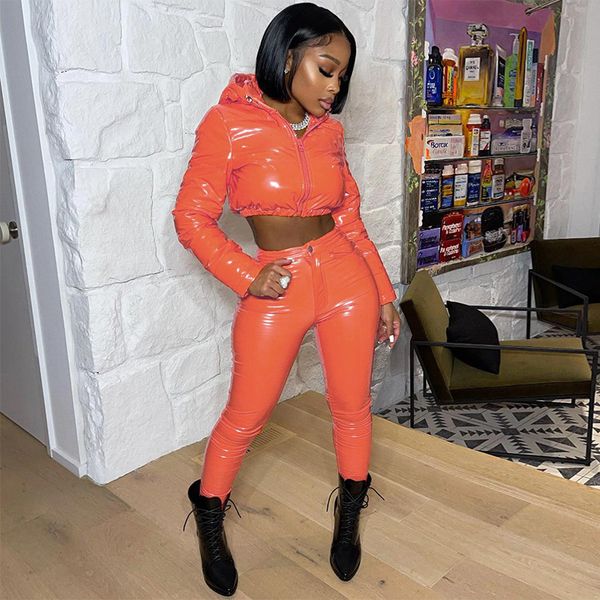 

womens glossy pu leather tracksuits fashion thicken hooded puffer jackets skinny trousers outfits designer female down coats two piece sets, Gray