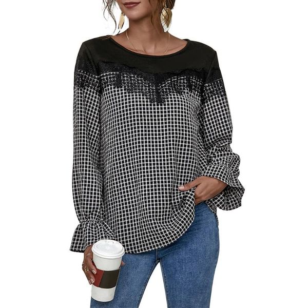 

women's t-shirt office work lace plaid patchwork long butterfly sleeve o-neck winter autumn fashion elegant tees pullover, White