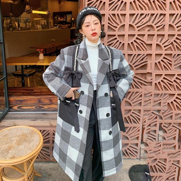 

women's wool & blends [ewq] chic contrast plaid bow decoration set auger coat women autumn winter 2021 add cotton woolen overco, Black