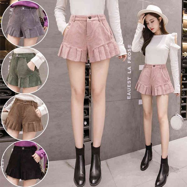 

women's shorts fashion high waisted skirt women autumn winter corduroy ruffles kawaii female loose wide leg short feminino 92mz, White;black