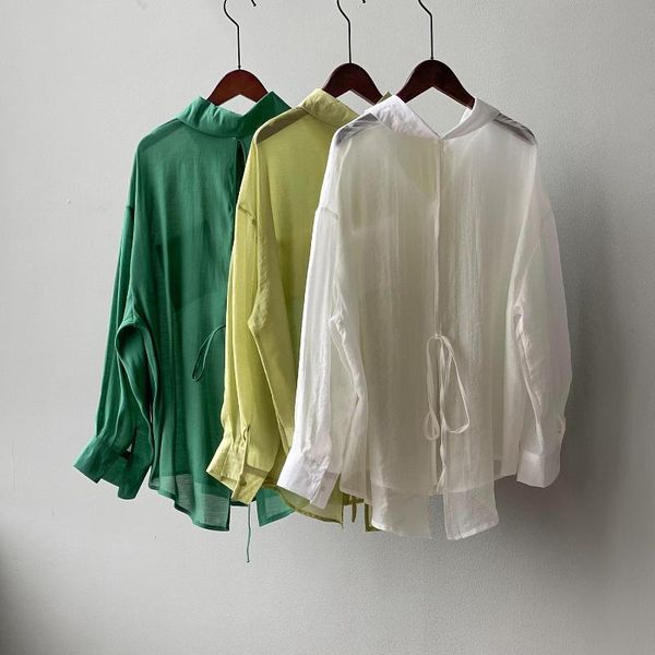 

women's blouses & shirts tencel sunscreen shirt women 2021 summer temperament thin section slits lace-up blouse cardigan top, White