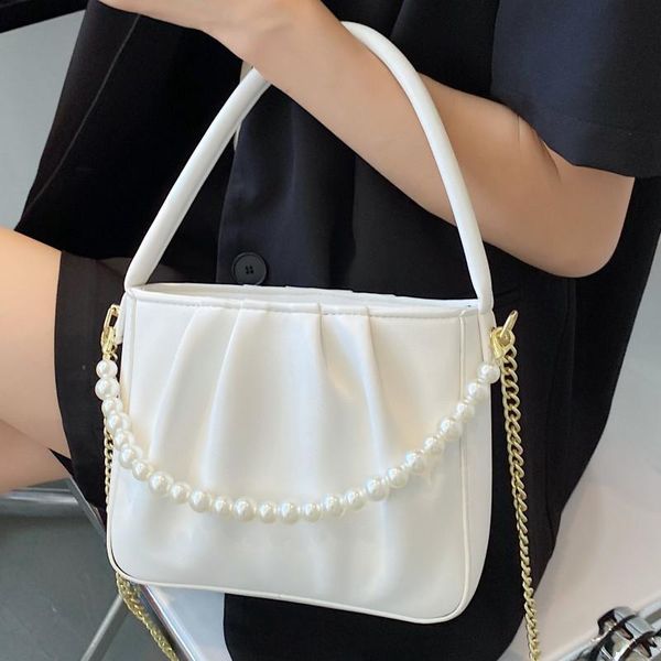 

evening bags pearl tote for women luxury soft leather shoulder handbags metal chain handle crossbody bag ladys pleated messenger