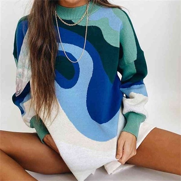 Preppy Style Knit Donne Pullover Maglione Primavera Autumn Design Blu Bianco stampato Morbido Top Allentato Signora Maglioni manica lunga Lady 210914