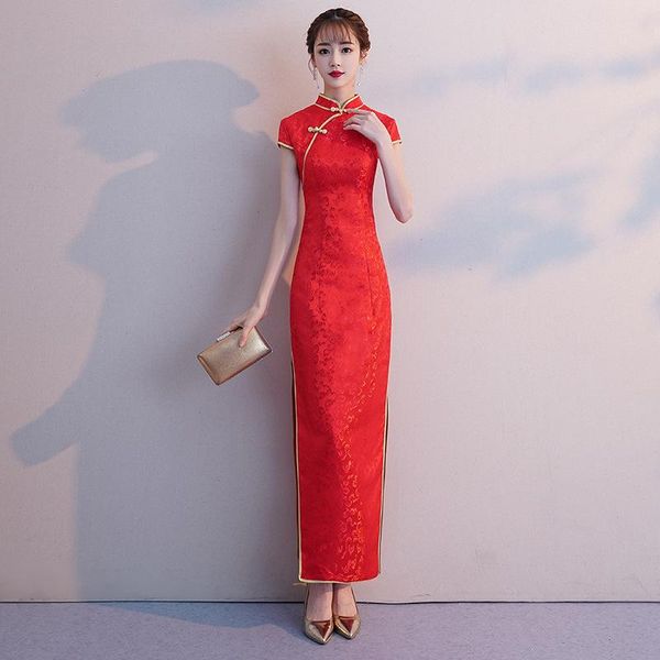 

ethnic clothing red chinese bride wedding gown flower printed qipao slim vintage cheongsams tradition mandarin collar vestidos for wome