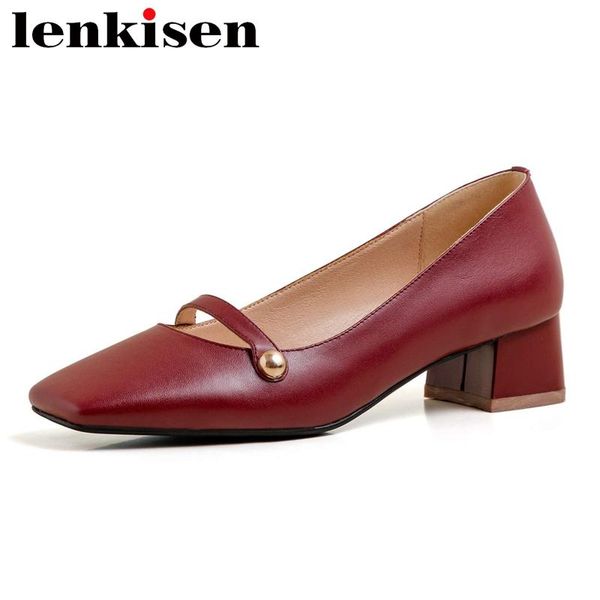 

dress shoes lenkisen mary janes genuine leather square toe med heel summer women rivet korean street girls shallow slip on pumps l11, Black