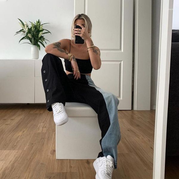 

fashion patchwork loose casual pants for womenhip hop slim jeans 2021 autumn korean version denim cargo female1, Black;white