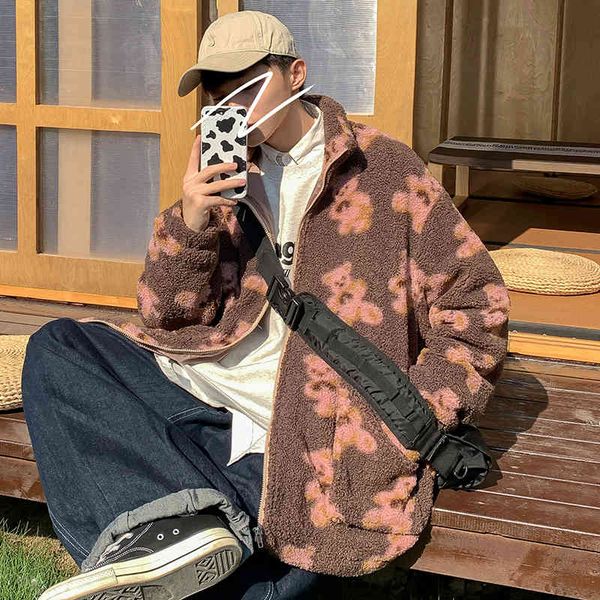 

men's jackets winter wool jacket for men, men's fashion trends, warm clothing with bear print, spooned teen , casual street clothe, Black;brown