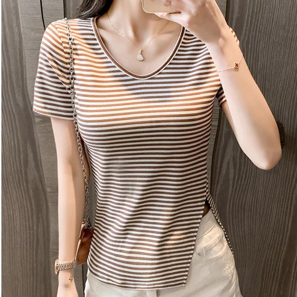 

women's t-shirt ljsxls striped o-neck slim split fork short sleeve t-shirts female summer casual korean women clothing, White