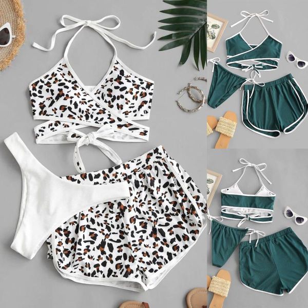

women's swimwear 2021 three pieces solid leopard women boxer bikinis set ladies beachwear bandeau bandage swimsuit bathing suit, White;black