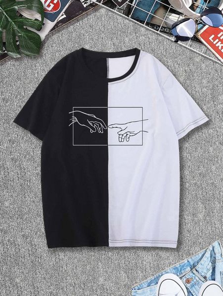 

extended sizes men gesture print colorblock tee n6ns#, White;black