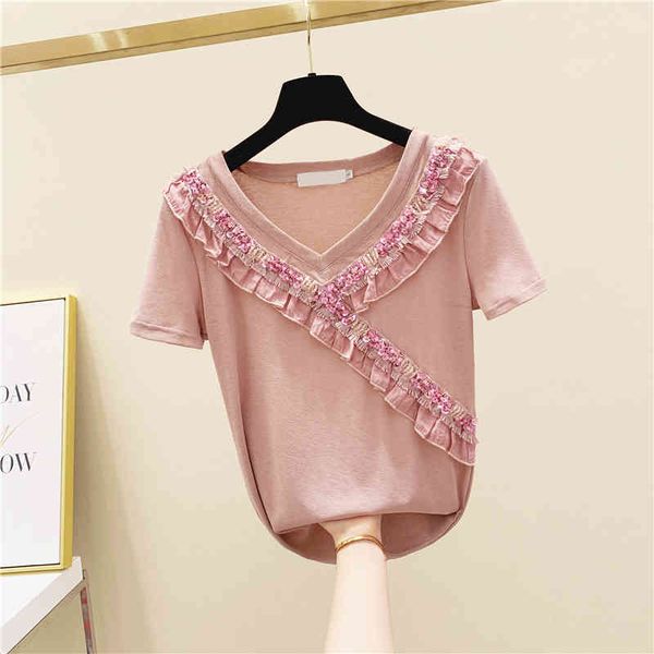 

t shirt beaded sequin v-neck cotton short sleeve t shirt ladies blusas mujer summer loose pink t-shirt students tees top, White