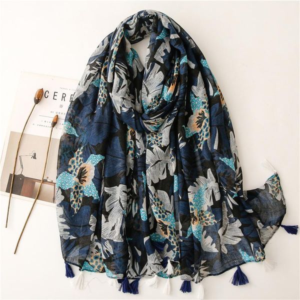 

scarves 2021 autumn big leaf print tassel scarf shawls leaves pattern hijab wrap, Blue;gray