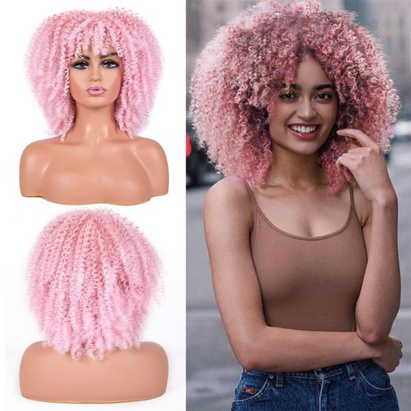 

synthetic wigs pink afro kinky curly with bangs full machine made african american ombre wig cosplay heat resistant, Black