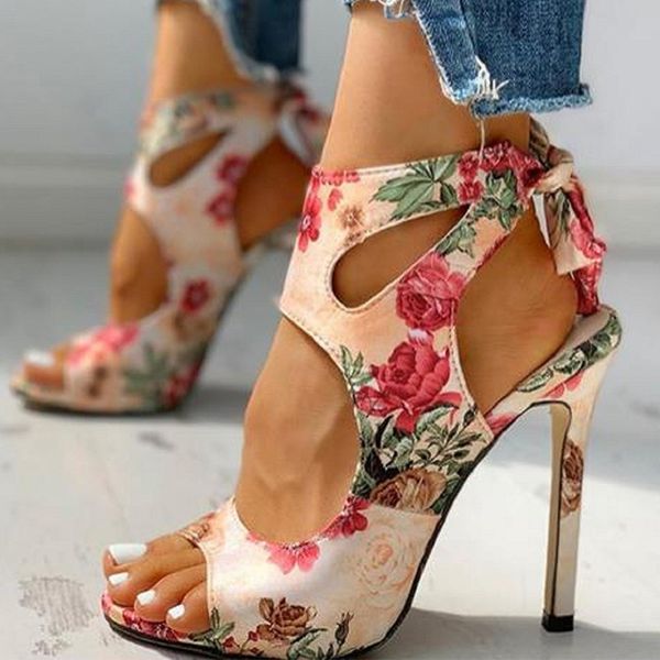 Mulheres sapatos moda sandálias senhoras floral impressão oco out peep toe sapatos tênis cinta de tornozelo feminino fino alto salto alto verão 2021