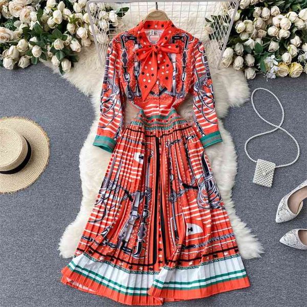 

european station early spring vestidos female bow tie collar printing heavy industry pleated fashion midi dress gk738 210507, Black;gray